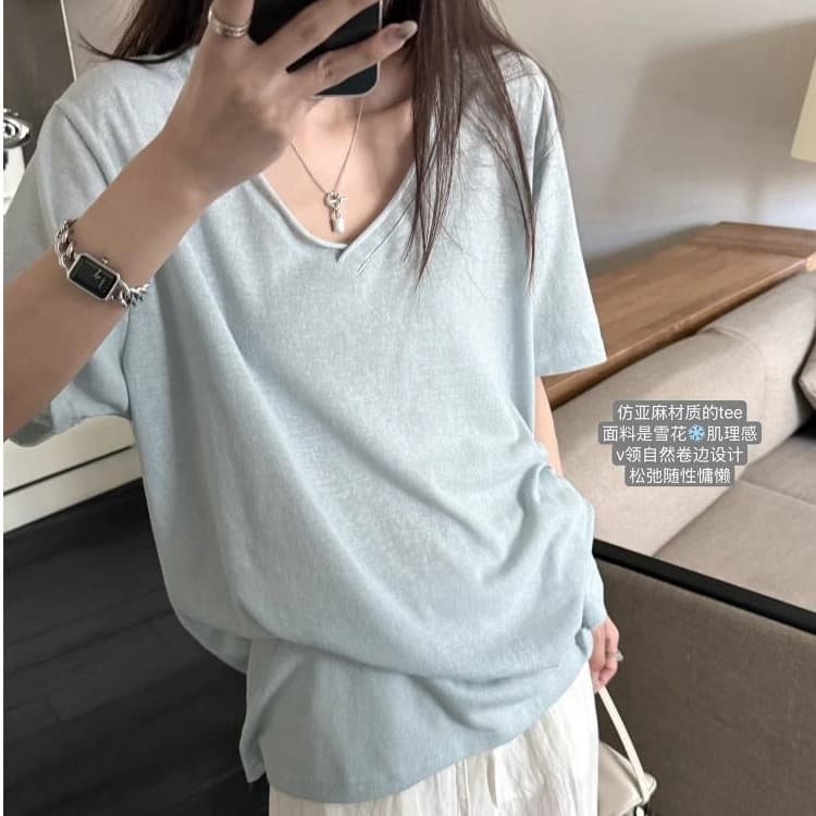 원본 원단 박하 느슨함 센스 눈꽃 질감 볼륨 측면 V넥 반팔 루즈핏 느긋한 티셔츠 맨위 여성 이미지 3
