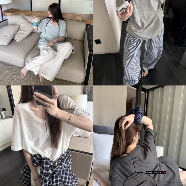 원본 원단 박하 느슨함 센스 눈꽃 질감 볼륨 측면 V넥 반팔 루즈핏 느긋한 티셔츠 맨위 여성 상세 이미지 1