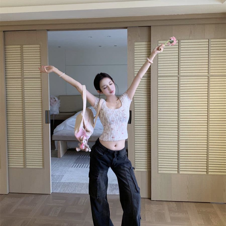 원본 레이스 망사 이중층 u 칼라 레이스 셔츠 반팔 티셔츠 여성 여름 몸매 가꾸기 달콤한 핫걸 맨위 이미지 5