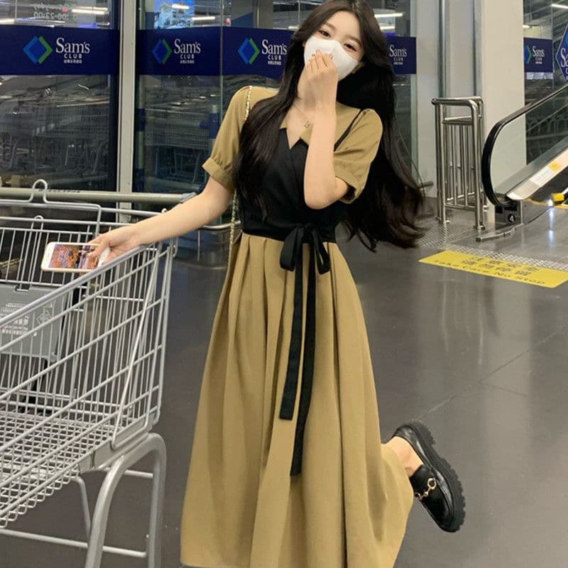 빅 사이즈 여성 의류 폴로 칼라 여성 드레스 여름 레이스업 허리 수축 베스트 페이크 레이어드 베이비 칼라 중간 길이 드레스 상세 이미지 4