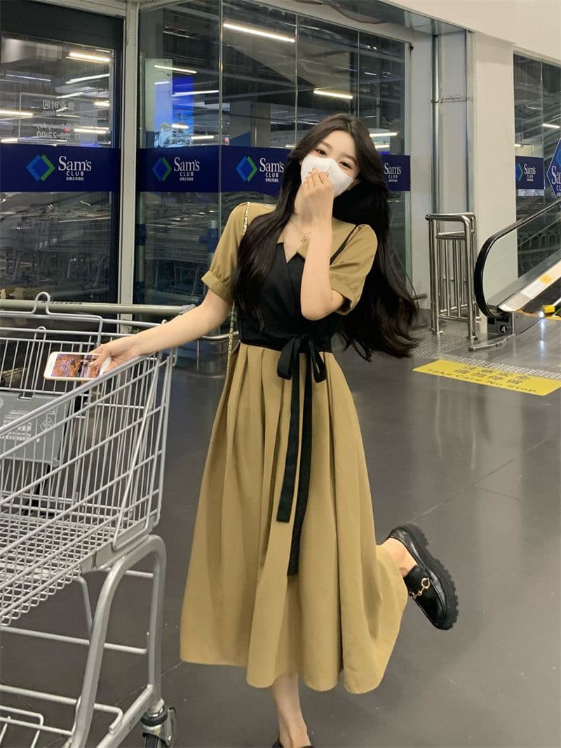 빅 사이즈 여성 의류 폴로 칼라 여성 드레스 여름 레이스업 허리 수축 베스트 페이크 레이어드 베이비 칼라 중간 길이 드레스 상세 이미지 7