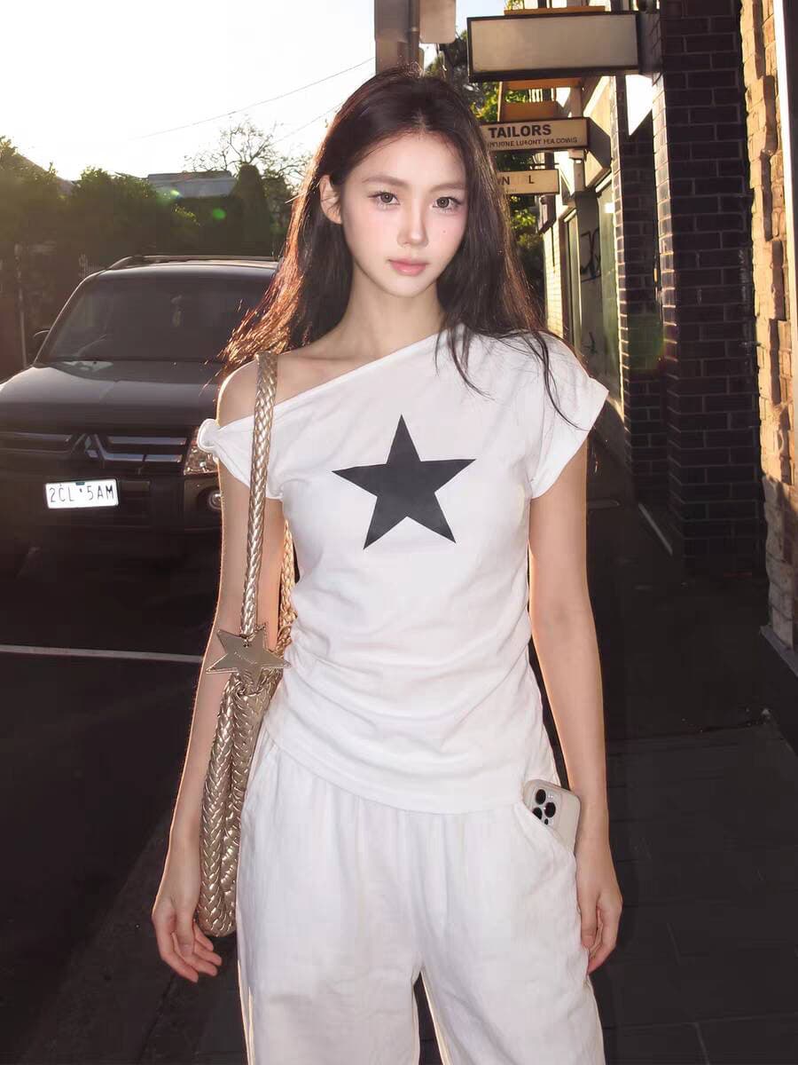 40 면 1 1 오스트리아 세대 서울 220 그램 아메리칸 핫걸 비스듬한 어깨 별 프린트 반팔 t 동정 맨위 여성