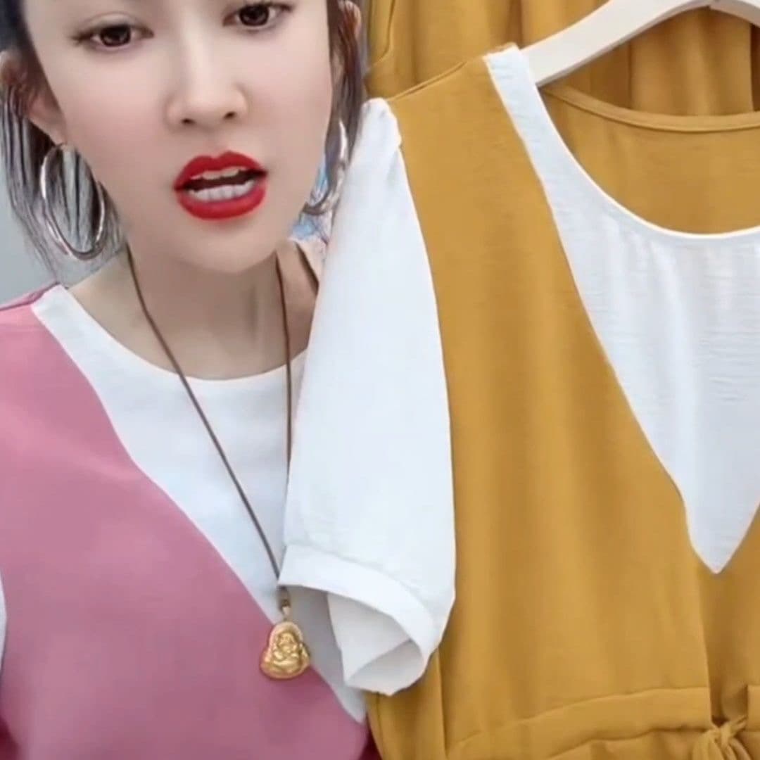 폭발 빅 사이즈 여성 의류 mm 여름 허리 수축 배색 페이크 레이어드 반팔 패션 연령 감소 외국 가스 다용도 루즈핏 맨위 이미지 4