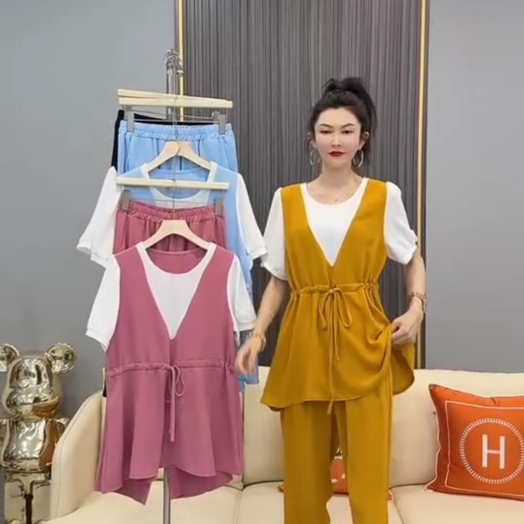 폭발 빅 사이즈 여성 의류 mm 여름 허리 수축 배색 페이크 레이어드 반팔 패션 연령 감소 외국 가스 다용도 루즈핏 맨위 상세 이미지 8