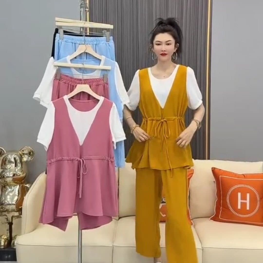 폭발 빅 사이즈 여성 의류 mm 여름 허리 수축 배색 페이크 레이어드 반팔 패션 연령 감소 외국 가스 다용도 루즈핏 맨위 상세 이미지 9