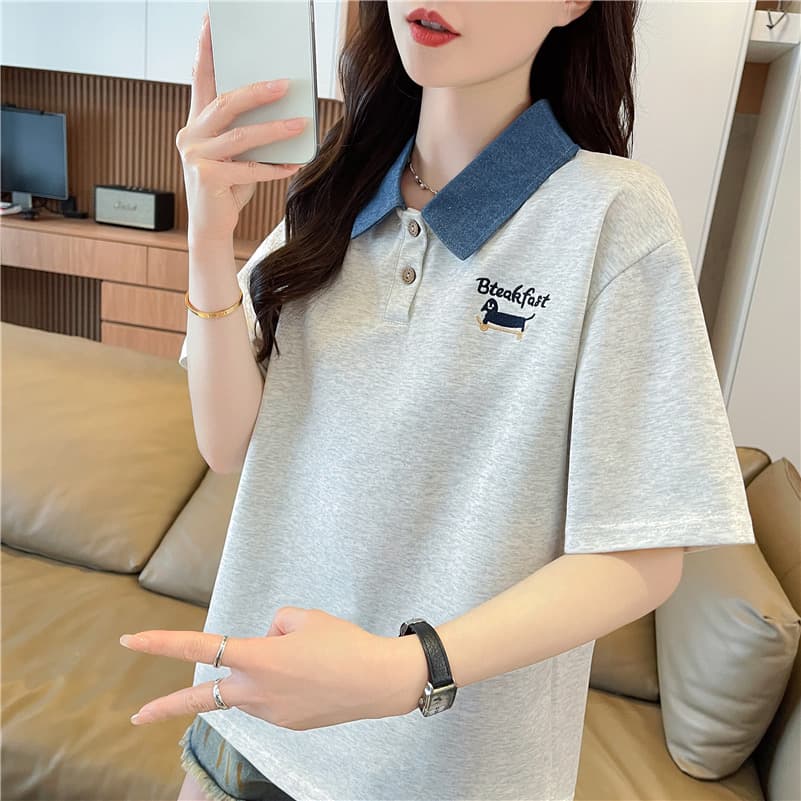 실사 polo 데님 칼라 패치워크 반팔 티셔츠 여성 2026 년 새로운 지퍼 자수 삽입 색상 맨위 상세 이미지 7
