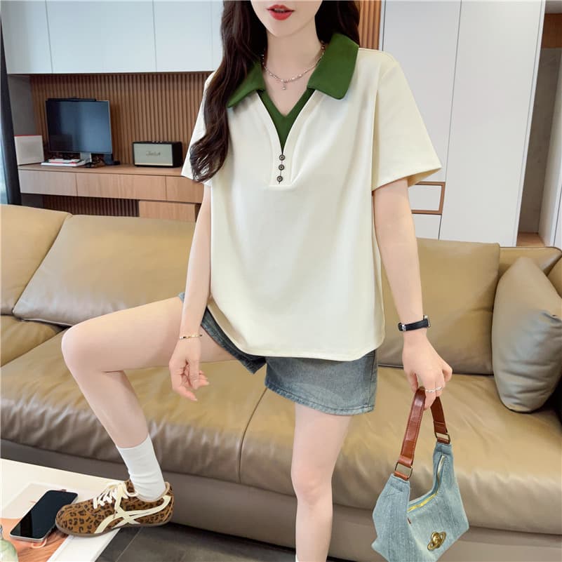 실사 POLO 칼라 패치워크 반팔 티셔츠 여성 2026 년 새로운 자수 삽입 색상 작은 장식 맨위 여성 상세 이미지 3