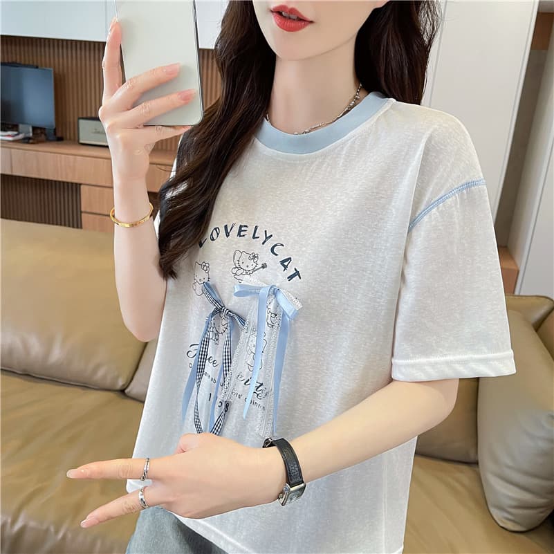 실사 라운드 넥 반팔 티셔츠 여성 명중 인터넷 새로운 인쇄 플라워 인서트 색상 눈꽃 면 나비 매듭 맨위 여성 이미지 2