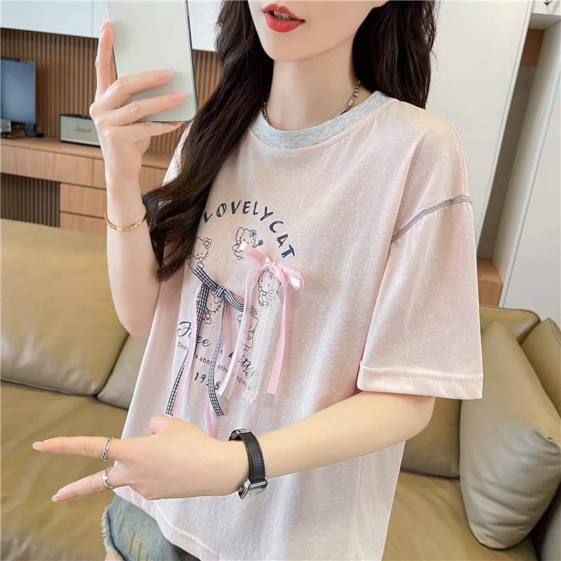 실사 라운드 넥 반팔 티셔츠 여성 명중 인터넷 새로운 인쇄 플라워 인서트 색상 눈꽃 면 나비 매듭 맨위 여성 상세 이미지 1