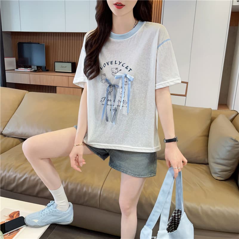 실사 라운드 넥 반팔 티셔츠 여성 명중 인터넷 새로운 인쇄 플라워 인서트 색상 눈꽃 면 나비 매듭 맨위 여성 상세 이미지 4