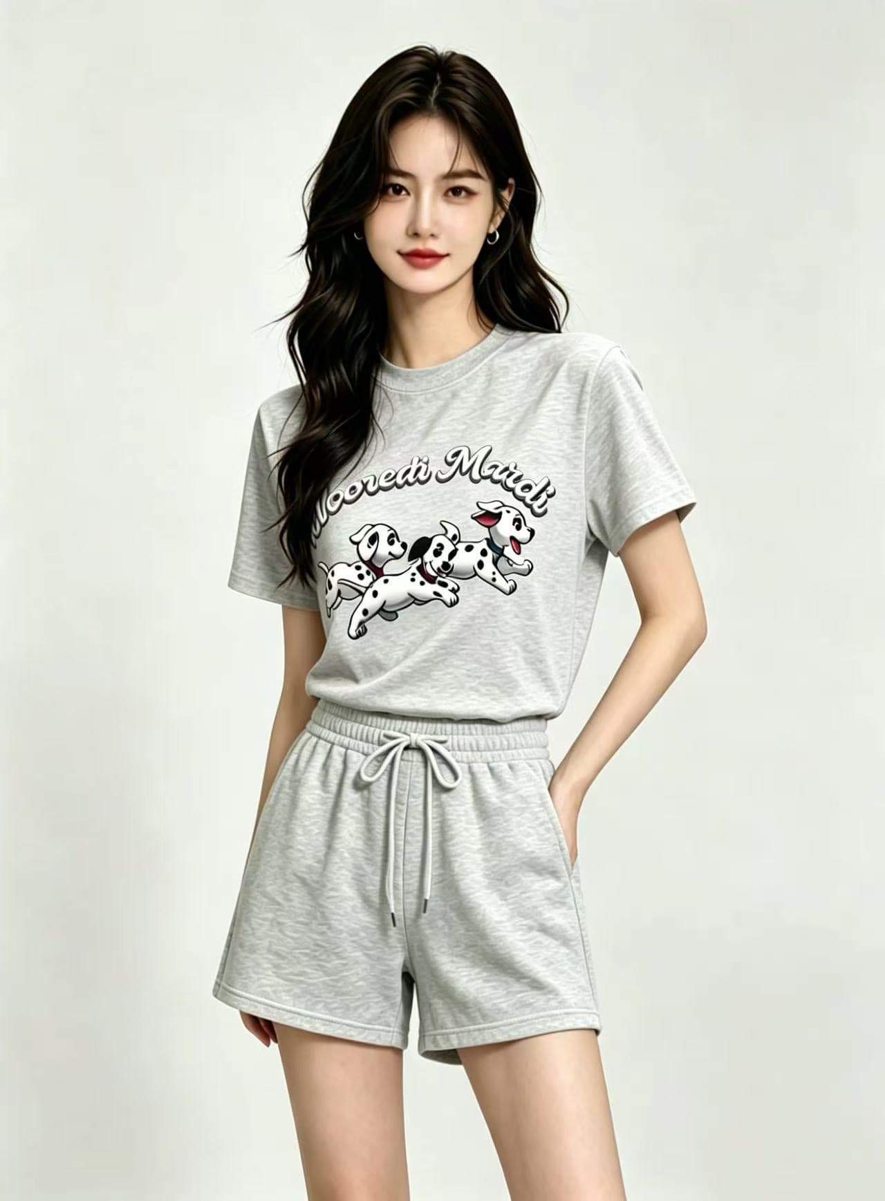 두 조각 세 강아지 프린트 세트 여름 반팔 반바지 캐주얼 운동복 세트 상세 이미지 9