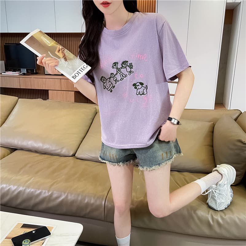 실사 라운드 넥 반팔 티셔츠 여성 새로운 프린트 싸움 자수 눈꽃 면 패션 맨위 여성 상세 이미지 9