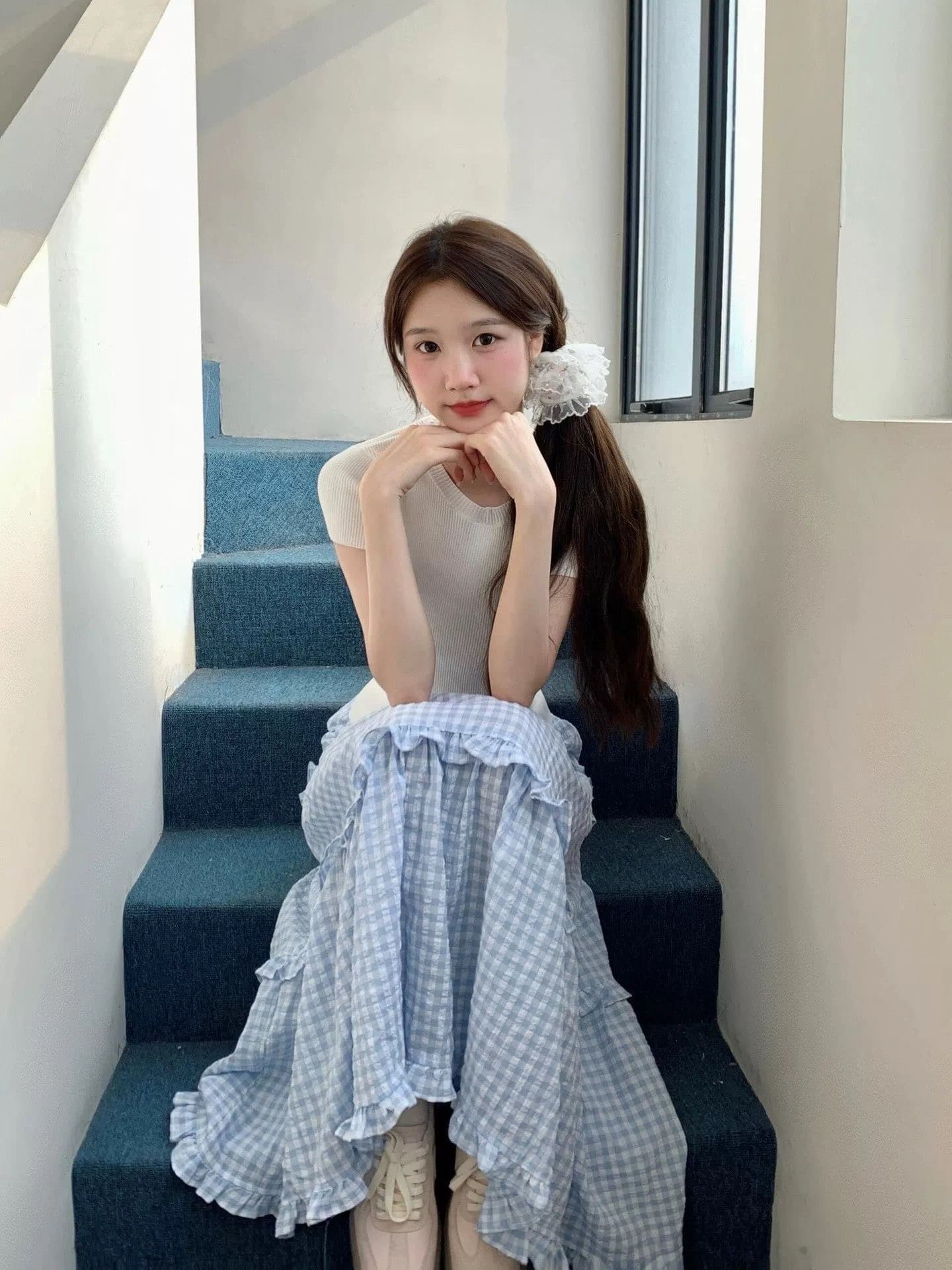 품격 레이스 블루 화이트 체크무늬 반신 스커트 여성 봄 다용도 하이웨이스트 슬림해 보이는 A라인 스커트 중간 길이 스커트 상세 이미지 3