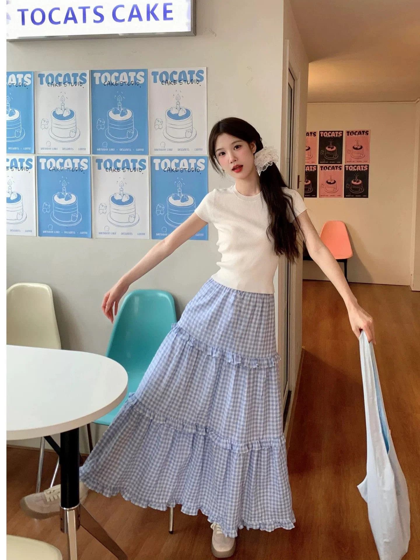 품격 레이스 블루 화이트 체크무늬 반신 스커트 여성 봄 다용도 하이웨이스트 슬림해 보이는 A라인 스커트 중간 길이 스커트 상세 이미지 6