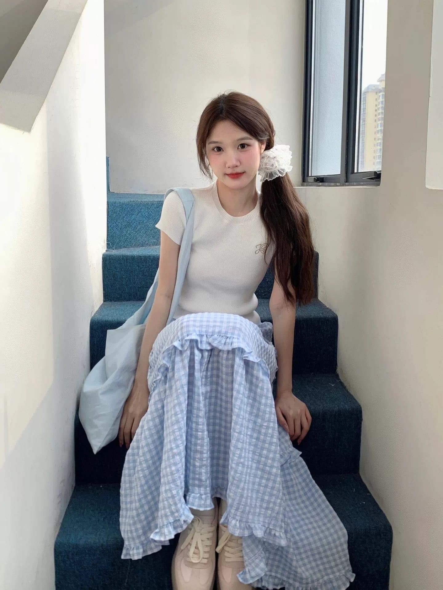 품격 레이스 블루 화이트 체크무늬 반신 스커트 여성 봄 다용도 하이웨이스트 슬림해 보이는 A라인 스커트 중간 길이 스커트 상세 이미지 7