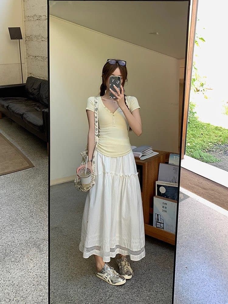 리브 크림 황색 V넥 반팔 티셔츠 여성 여름 한 부서 ins 몸매 가꾸기 슬림해 보이는 디자인 센스 다용도 핫걸 맨위 상세 이미지 6