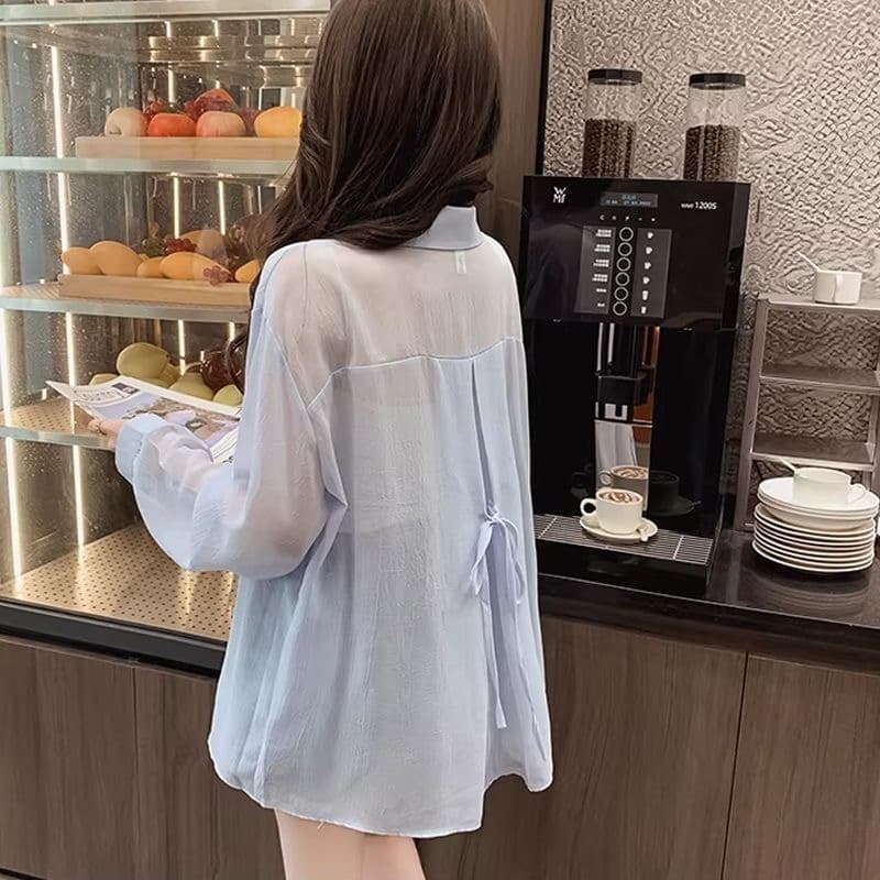 무늬 쉬폰 자외선 차단 의류 오픈 가디건 얇은 스타일 여성 외부 가져 가라. 여름 얼음 실크 외출용 맨위 셔츠 슬림해 보이는 레이스업 디자인 여성 상세 이미지 16