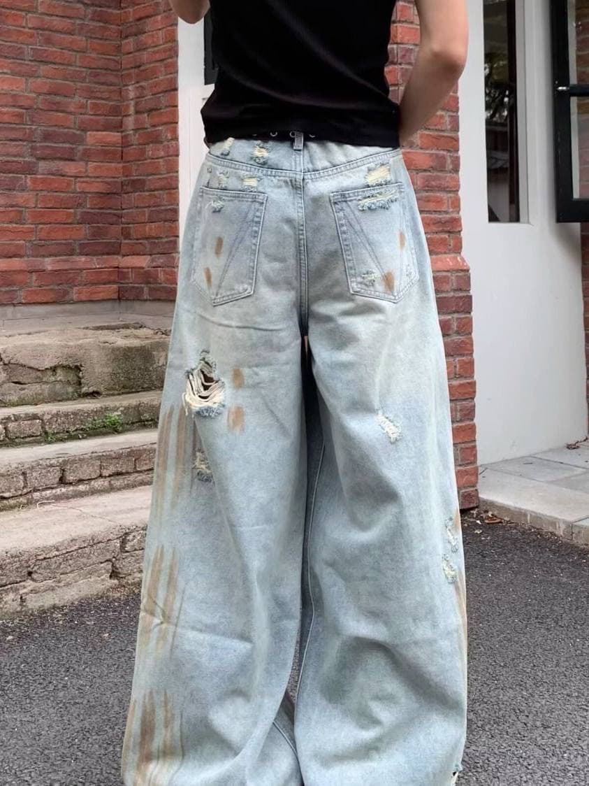 아메리칸 거리 워싱 마 오래된 찢어진 부분 청바지 남자 루즈핏 스트레이트 와이드 레그 팬츠 홀치기 염색 무거운 캐주얼 바지 상세 이미지 5