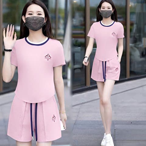 6535 물고기 규모 면 반팔 캐주얼 스포츠 슈트 여성 여름 새로운 루즈핏 품격 연령 감소 두 조각 여성 세트 이미지 2
