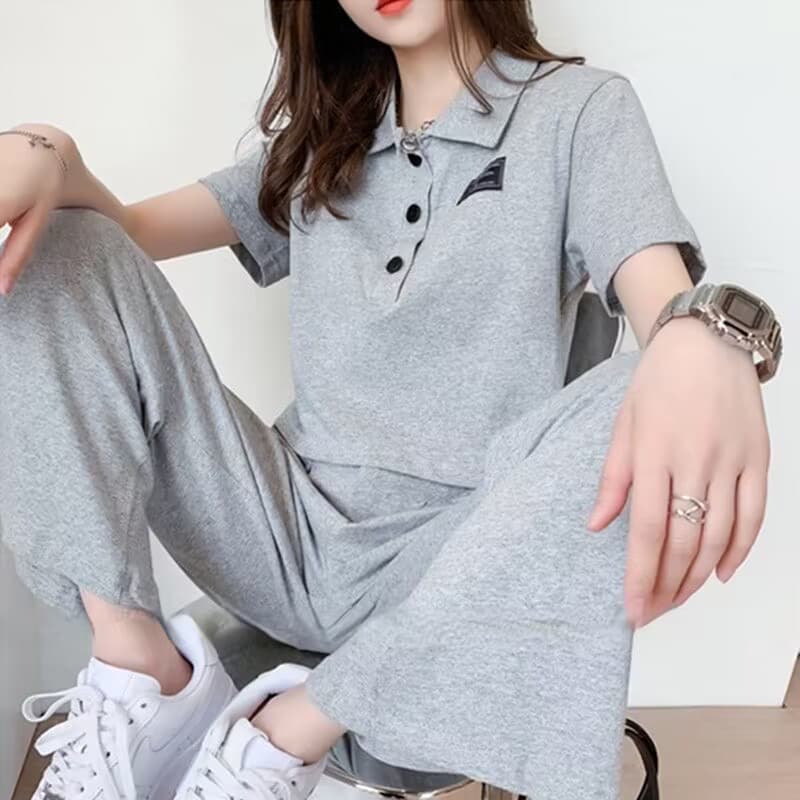 6535 물고기 규모 면 캐주얼 스포츠 슈트 여성 여름 새로운 쇼트 스타일 맨위 와이드 레그 팬츠 투피스 슈트