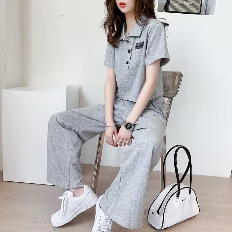 6535 물고기 규모 면 캐주얼 스포츠 슈트 여성 여름 새로운 쇼트 스타일 맨위 와이드 레그 팬츠 투피스 슈트 상세 이미지 8