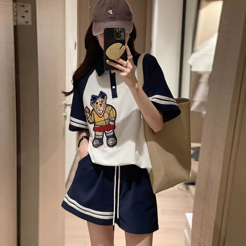 모방 면 물고기 규모 200그램 만화 작은 곰 캐주얼 스포츠 슈트 여성 여름 POLO 셔츠 반바지 투피스 슈트 상세 이미지 3