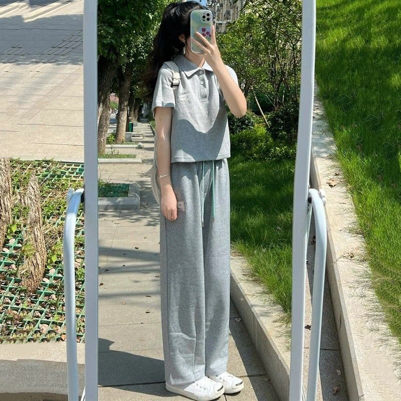 6535 물고기 규모 면 소금 부서 스포츠 슈트 여름 한국 스타일 루즈핏 polo 반팔 캐주얼 투피스 세트 세트 상세 이미지 1