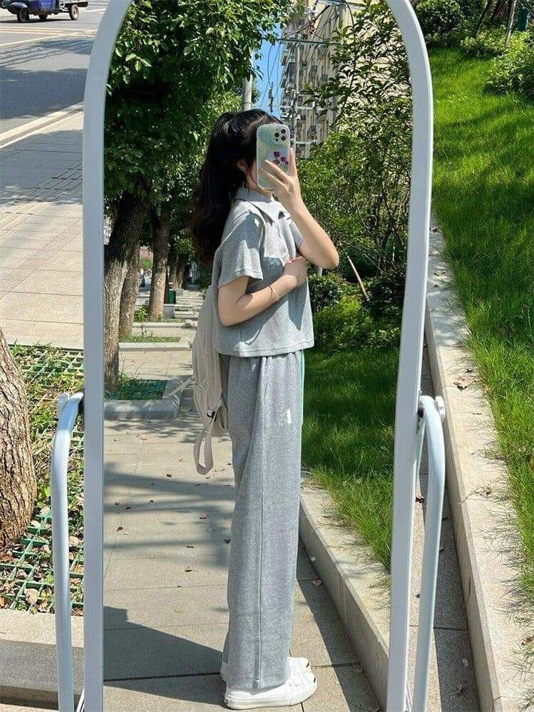 6535 물고기 규모 면 소금 부서 스포츠 슈트 여름 한국 스타일 루즈핏 polo 반팔 캐주얼 투피스 세트 세트 상세 이미지 2