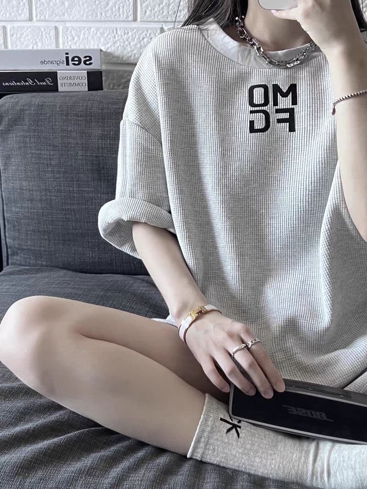 260# 아메리칸 레트로 운동복 세트 여성 여름 루즈핏 반팔 반바지 패션 캐주얼 후아 남편 그리드 투피스 세트 이미지 3