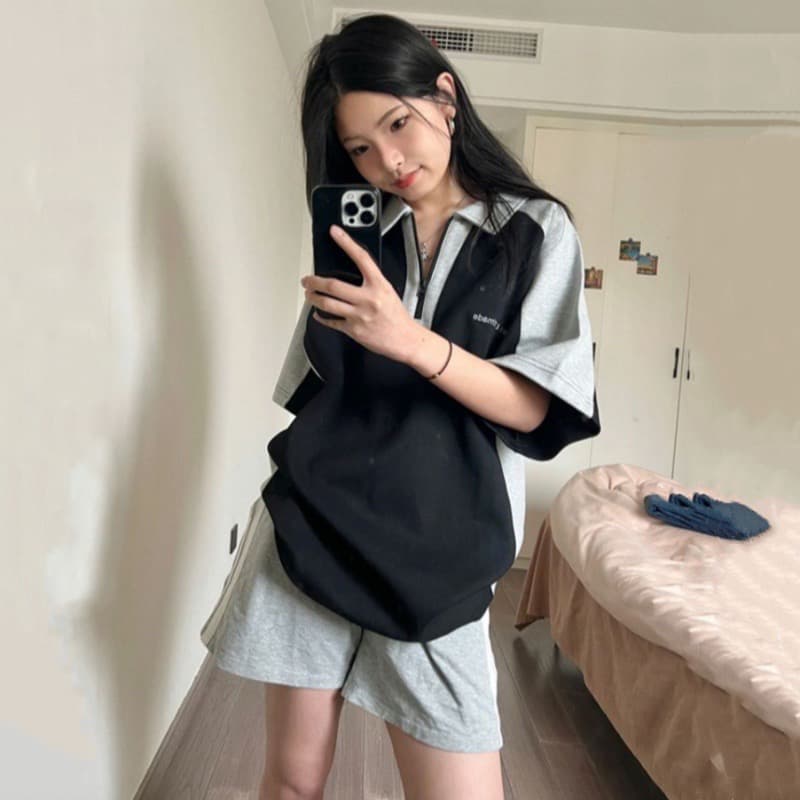 모방 면 물고기 규모 200그램 여름 새로운 스포츠 슈트 여성 루즈핏 캐주얼 POLO 칼라 반팔 반바지 투피스 슈트 상세 이미지 1