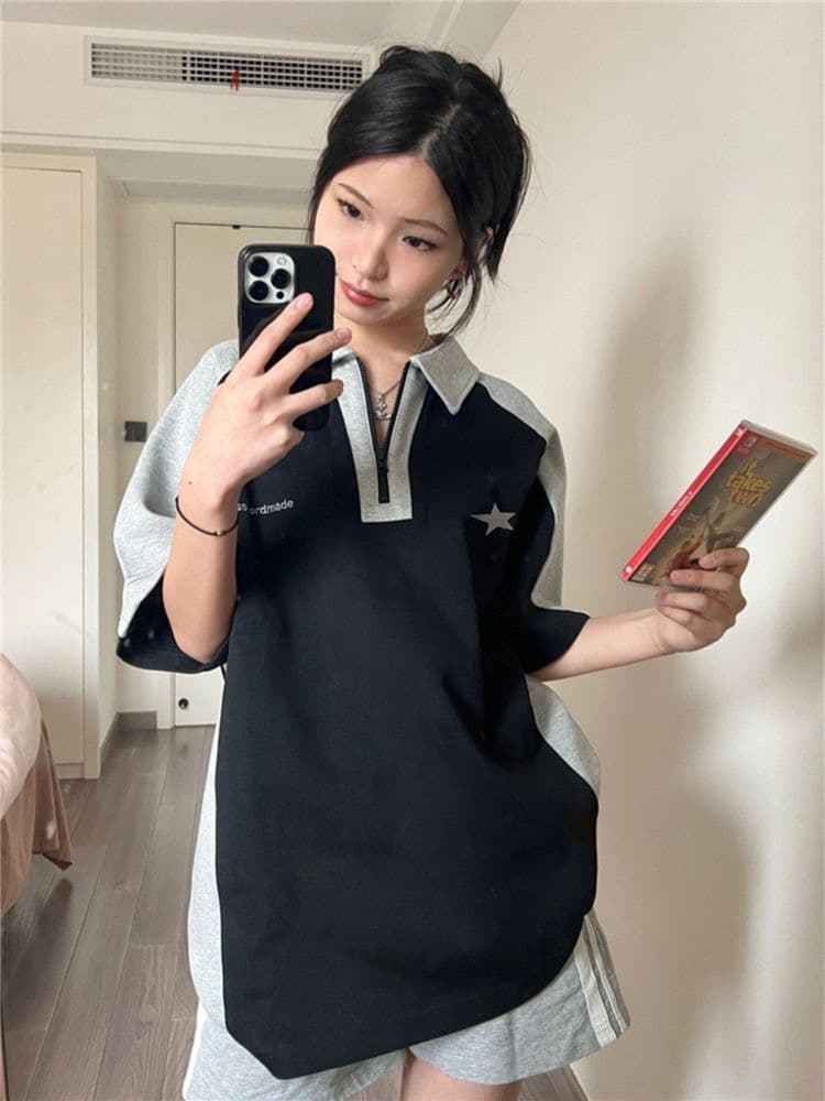 모방 면 물고기 규모 200그램 여름 새로운 스포츠 슈트 여성 루즈핏 캐주얼 POLO 칼라 반팔 반바지 투피스 슈트 상세 이미지 3