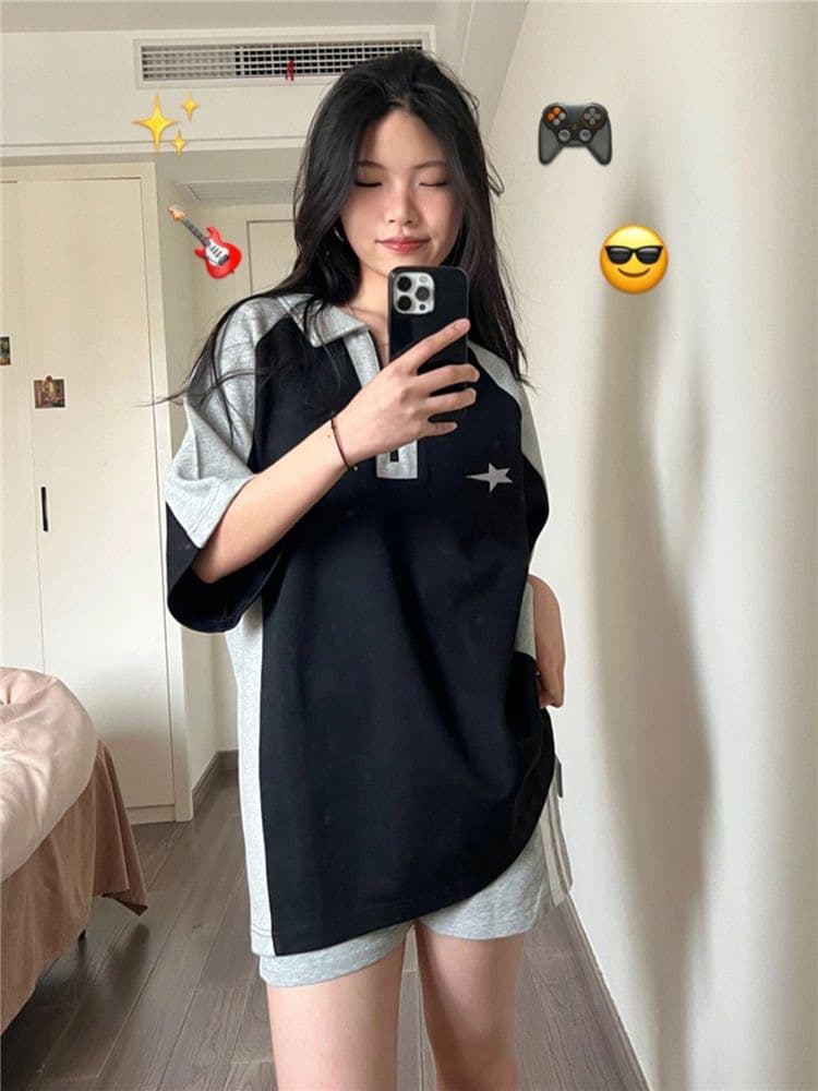 모방 면 물고기 규모 200그램 여름 새로운 스포츠 슈트 여성 루즈핏 캐주얼 POLO 칼라 반팔 반바지 투피스 슈트 상세 이미지 4