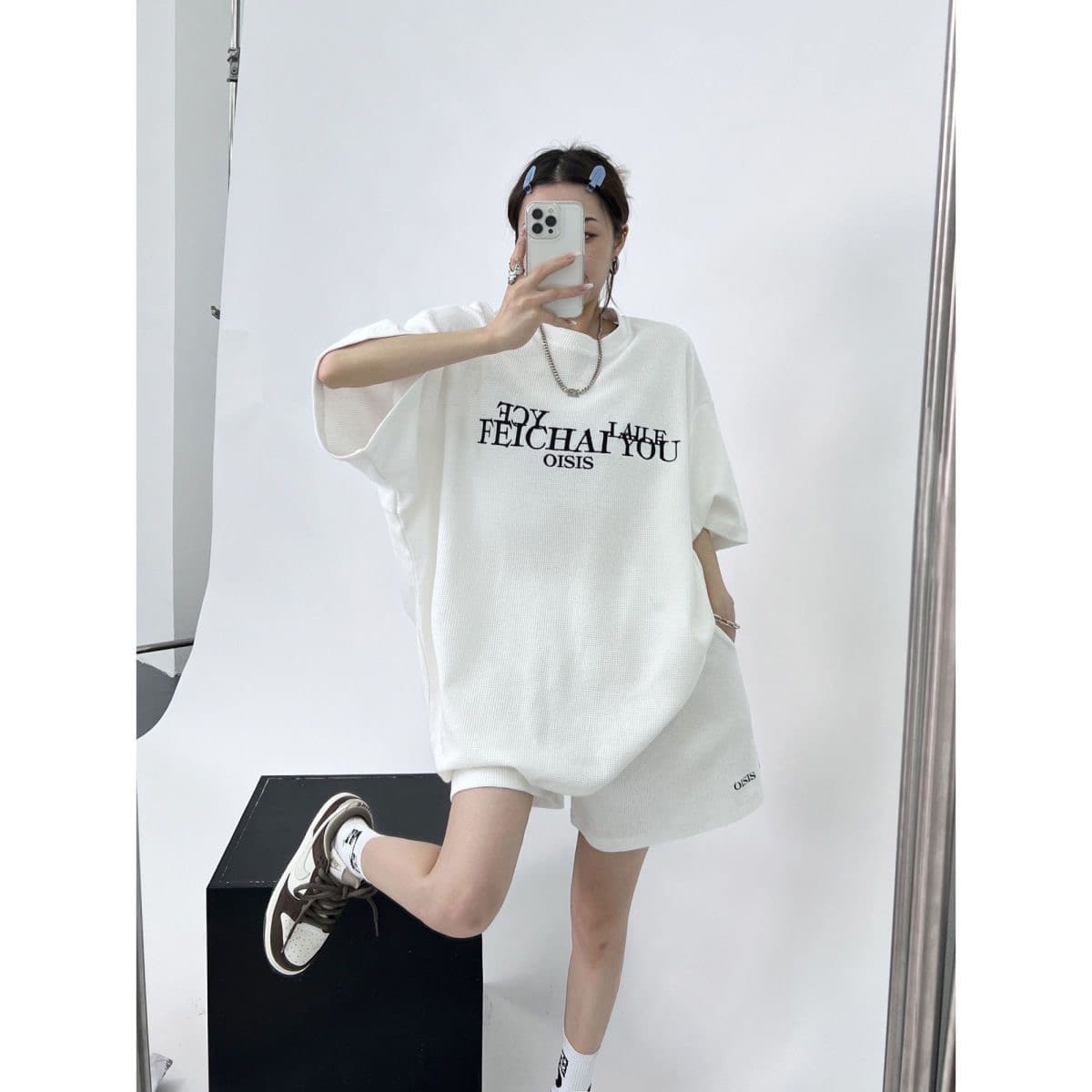 후아 남편 그리드 250그램 디자인 센스 자수 세트 여성 여름 새로운 캐주얼 운동 루즈핏 반바지 투피스 슈트 상세 이미지 7