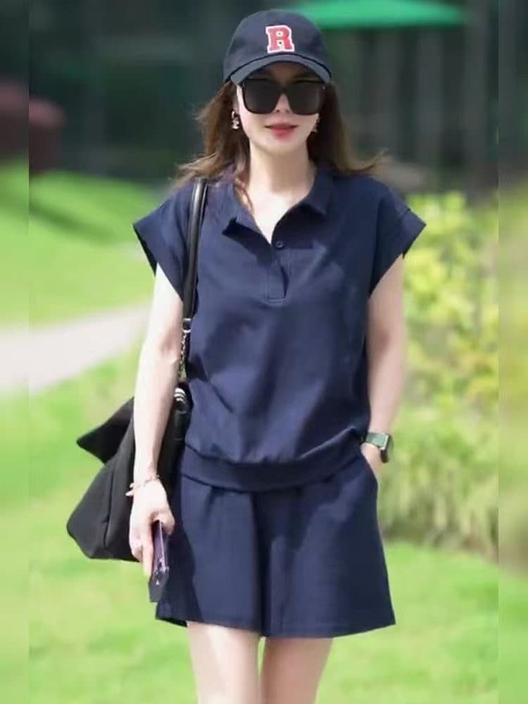 6535 물고기 규모 면 여름 새로운 빅 사이즈 캐주얼 패션 POLO 칼라 티셔츠 운동 반바지 투피스 슈트 상세 이미지 1