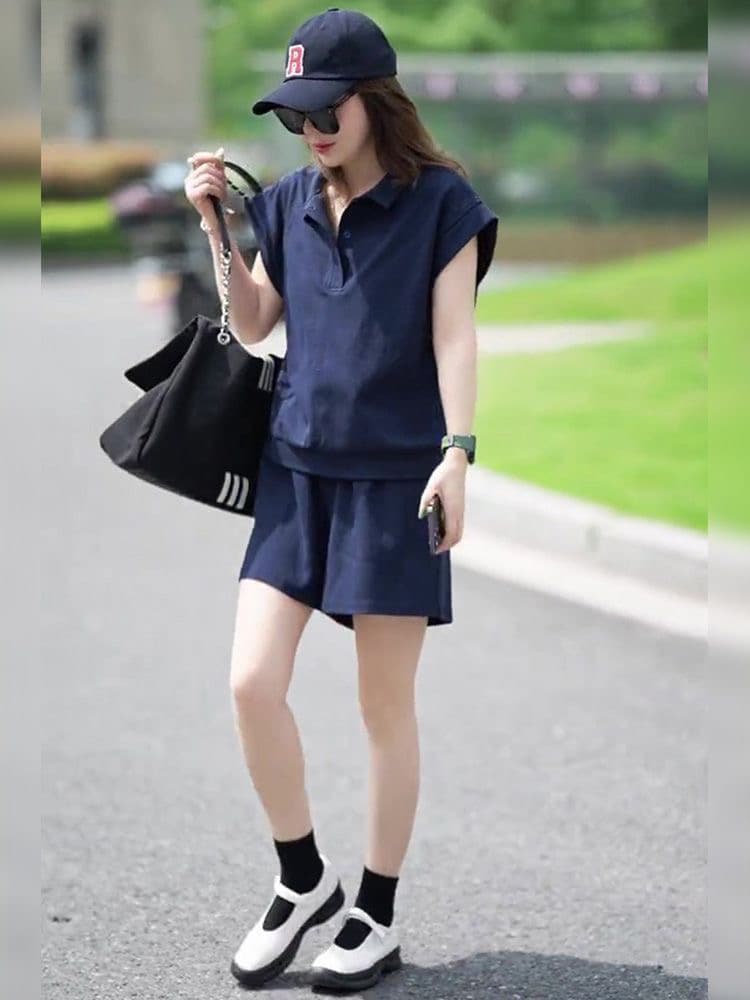 6535 물고기 규모 면 여름 새로운 빅 사이즈 캐주얼 패션 POLO 칼라 티셔츠 운동 반바지 투피스 슈트 상세 이미지 5