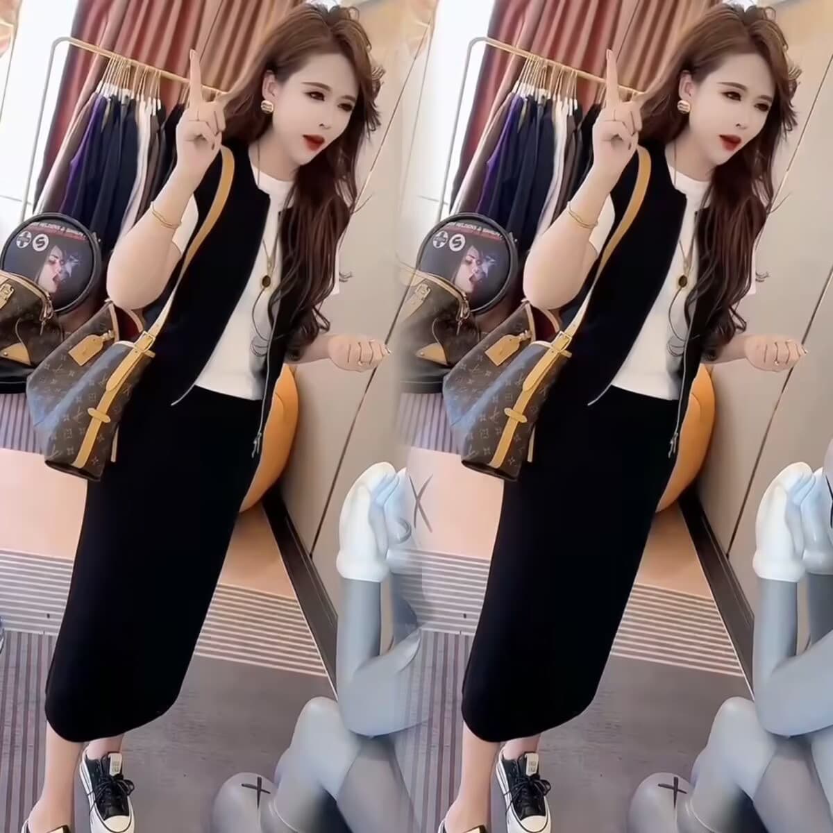 모방 면 사선 무늬 당겨 프레임 여름 새로운 캐주얼 베스트 티셔츠 트임 패션 반신 치마 세트 3종 세트 세트