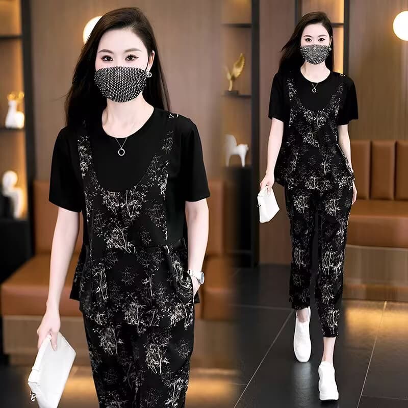 사면 신축 직공 울 패션 세트 여성 여름 새로운 루즈핏 페이크 레이어드 반팔 9부 바지 투피스 슈트 상세 이미지 2