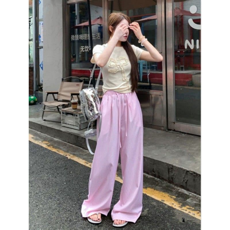 파란색 세로 줄무늬 캐주얼 바지 여성 여름 얇은 스타일 도루 센스 굴곡 바지 스트레이트 바지 루즈핏 넓은 다리 바닥 청소 긴 바지 이미지 5