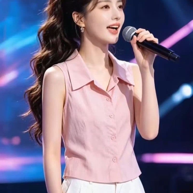 프랑스식 고급 센스 핑크색 민소매 여성 셔츠 2026 년 여름 폴로 칼라 싱글 줄 버튼 슬림해 보이는 출퇴근 다용도 맨위 이미지 2