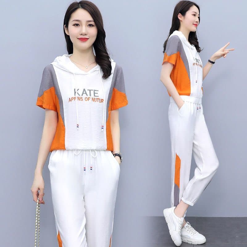 패션 캐주얼 스포츠 슈트 여성 2026 여름 새로운 슬림해 보이는 맨위 조거 바지 투피스 슈트 상세 이미지 1