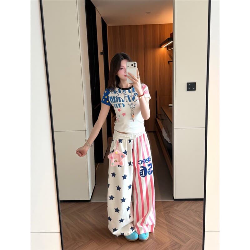 벨트 장식품 아메리칸 높음 거리 별 전체 인쇄 배색 스트라이프 와이드 레깅스 바지 여름 캐주얼 스트리트 댄스 바지 이미지 2
