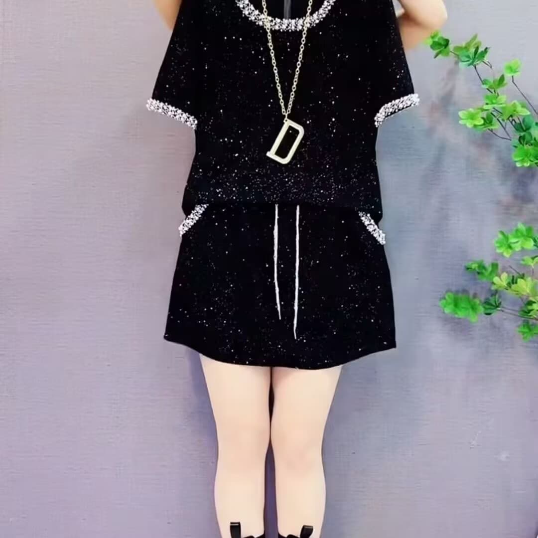 직공 울 패션 Gypsophila 비즈 박기 반팔 티셔츠 세트 여성 여름 새로운 루즈핏 반바지 투피스 세트 상세 이미지 9