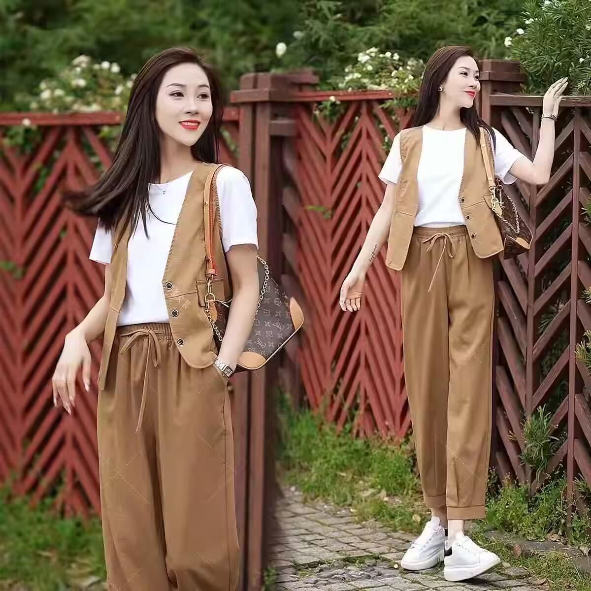 음악 리 실크 모방 면 캐주얼 패션 세트 여성 여름 새로운 반팔 루즈핏 외국 가스 9부 바지 세 조각 세트 이미지 3
