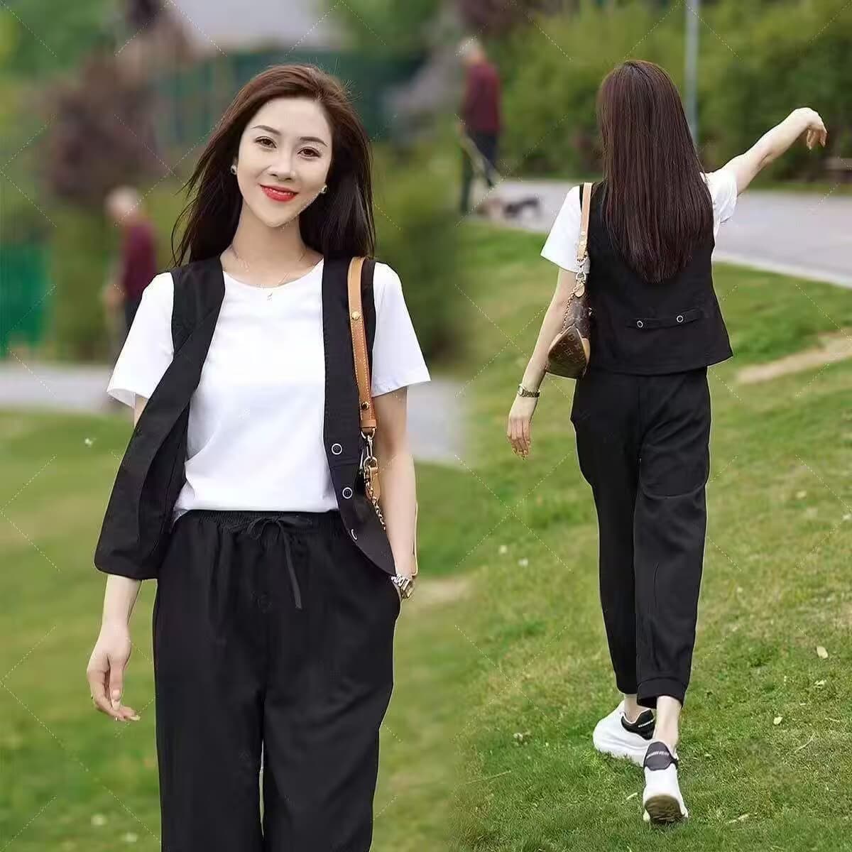 음악 리 실크 모방 면 캐주얼 패션 세트 여성 여름 새로운 반팔 루즈핏 외국 가스 9부 바지 세 조각 세트 상세 이미지 4