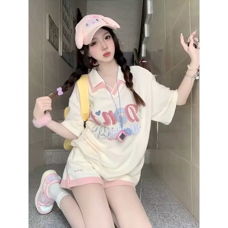 후아 남편 그리드 스포츠 슈트 여성 여름 한국 스타일 루즈핏 패션 인터넷 유명인 polo 반팔 반바지 캐주얼 투피스 슈트