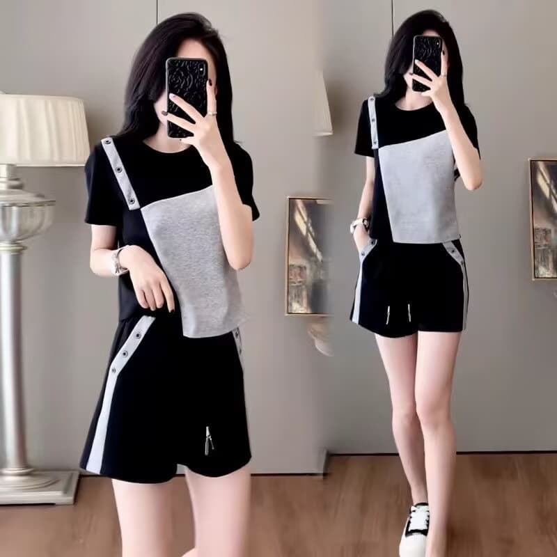 모방 면 사선 무늬 당겨 프레임 패션 캐주얼 세트 여성 여름 새로운 패치워크 외국 가스 반팔 반바지 투피스 슈트 상세 이미지 4