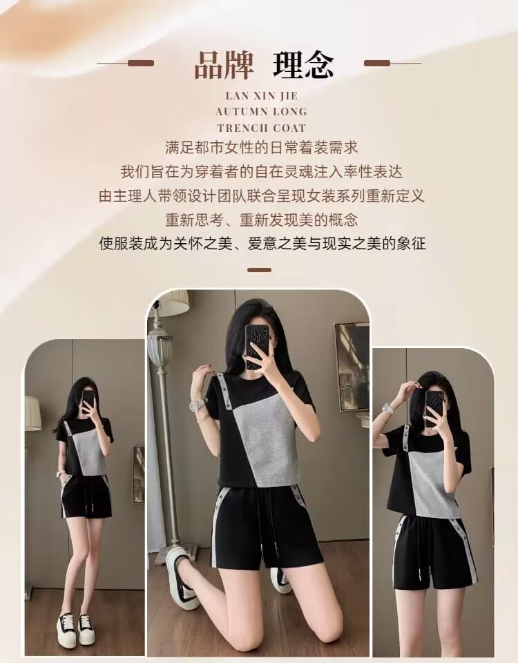 모방 면 사선 무늬 당겨 프레임 패션 캐주얼 세트 여성 여름 새로운 패치워크 외국 가스 반팔 반바지 투피스 슈트 상세 이미지 8