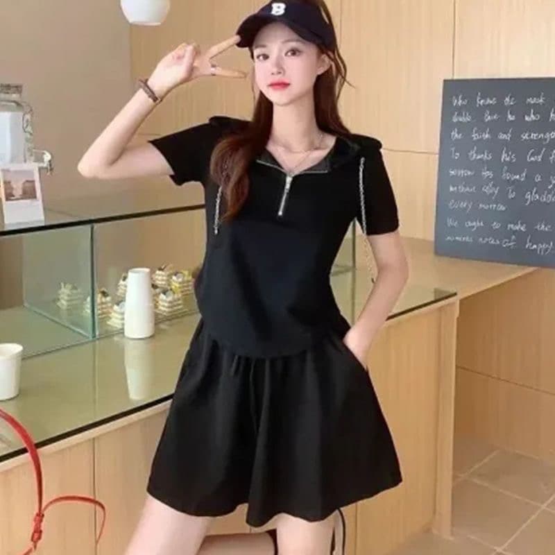 2026 새로운 빅 사이즈 여성 의류 여름 코디 전체 집합 슬림해 보이는 표지 고기 반팔 반바지 투피스 슈트 이미지 2
