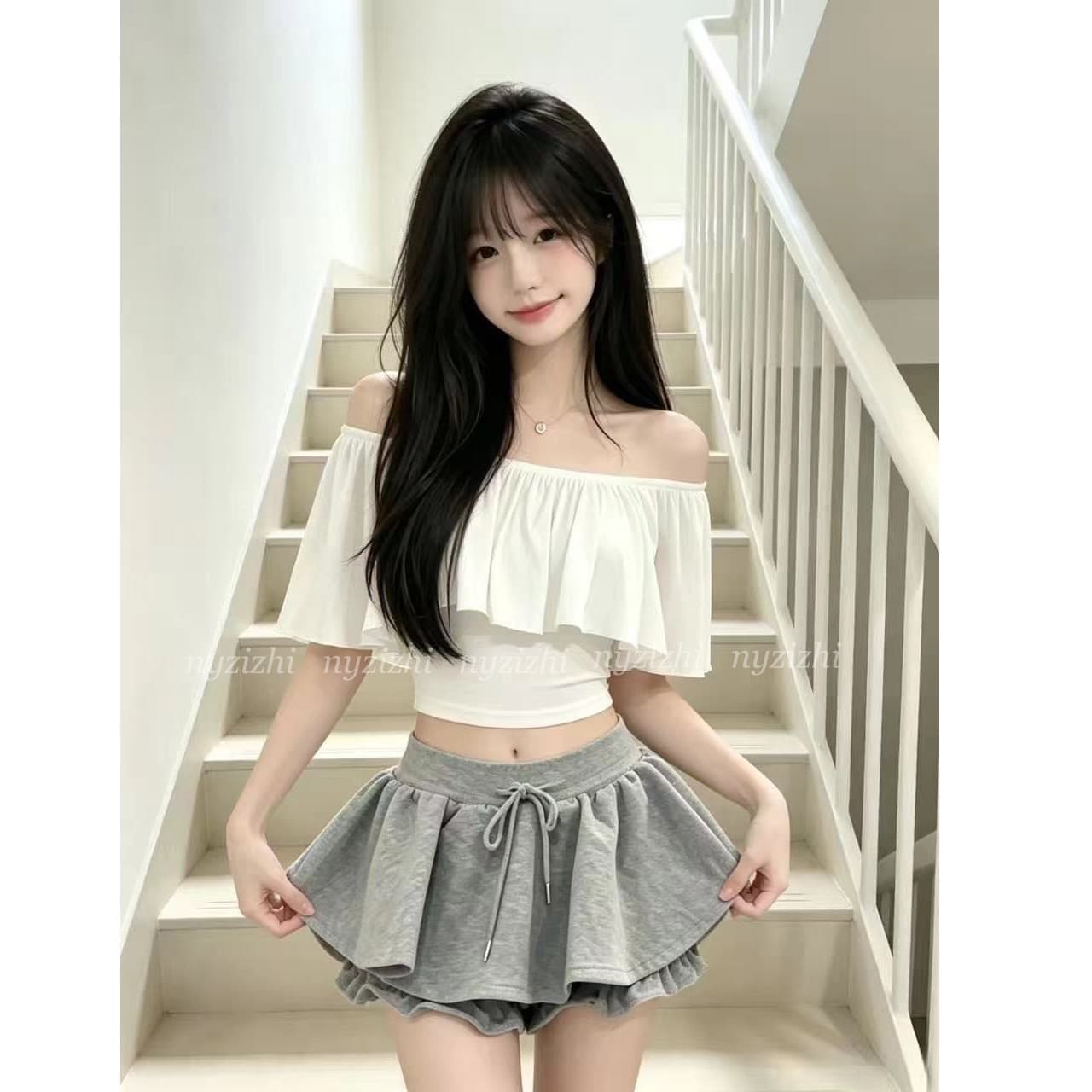 오프숄더 연꽃 잎 반팔 티셔츠 맨위 여성 회색 퍼프 미니 스커트 투피스 세트 순수한 욕망 작은 키 핫걸 세트 상세 이미지 4