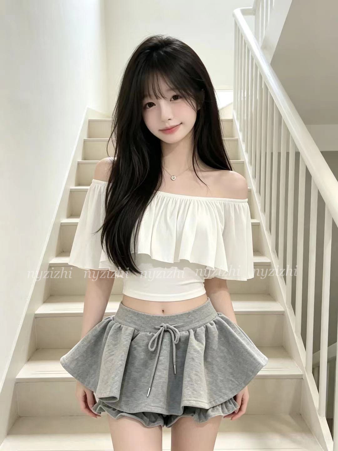 오프숄더 연꽃 잎 반팔 티셔츠 맨위 여성 회색 퍼프 미니 스커트 투피스 세트 순수한 욕망 작은 키 핫걸 세트 상세 이미지 7